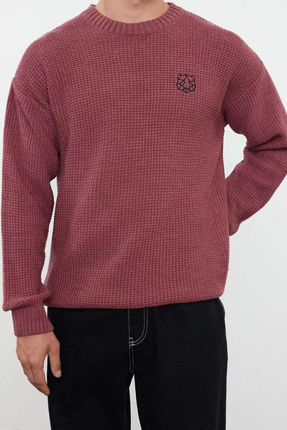 Men's Modern Style Casual Long Crew Neck Textured Sleeve Standard Knitwear Sweater