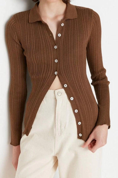 Women's Modern Style Comfortable Long Polo Neck Plain Sleeve Regular Knitwear Cardigan