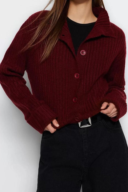 Women's Modern Style Casual Long Stand Collar Plain Sleeve Crop Knitwear Cardigan