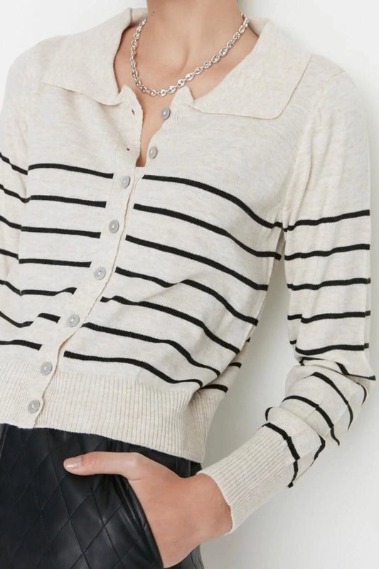 Women's Modern Style Casual Long Polo Collar Striped Sleeve Regular Knitwear Cardigan