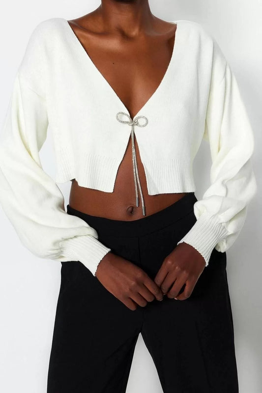 Women's Modern Style Casual Long V Neck Plain Sleeve Crop Knitwear Cardigan