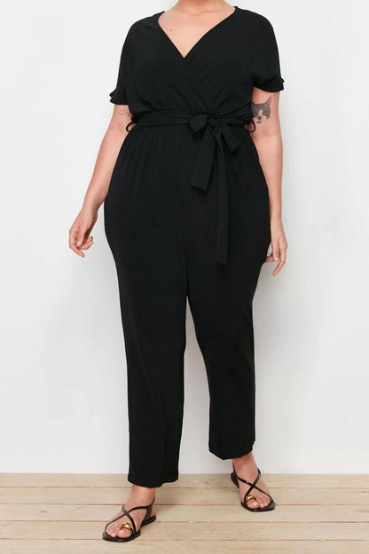 Plus Size Women Fashion Low Sleeve Regular Double Breasted Plain Pattern Long Belted Jumpsuit