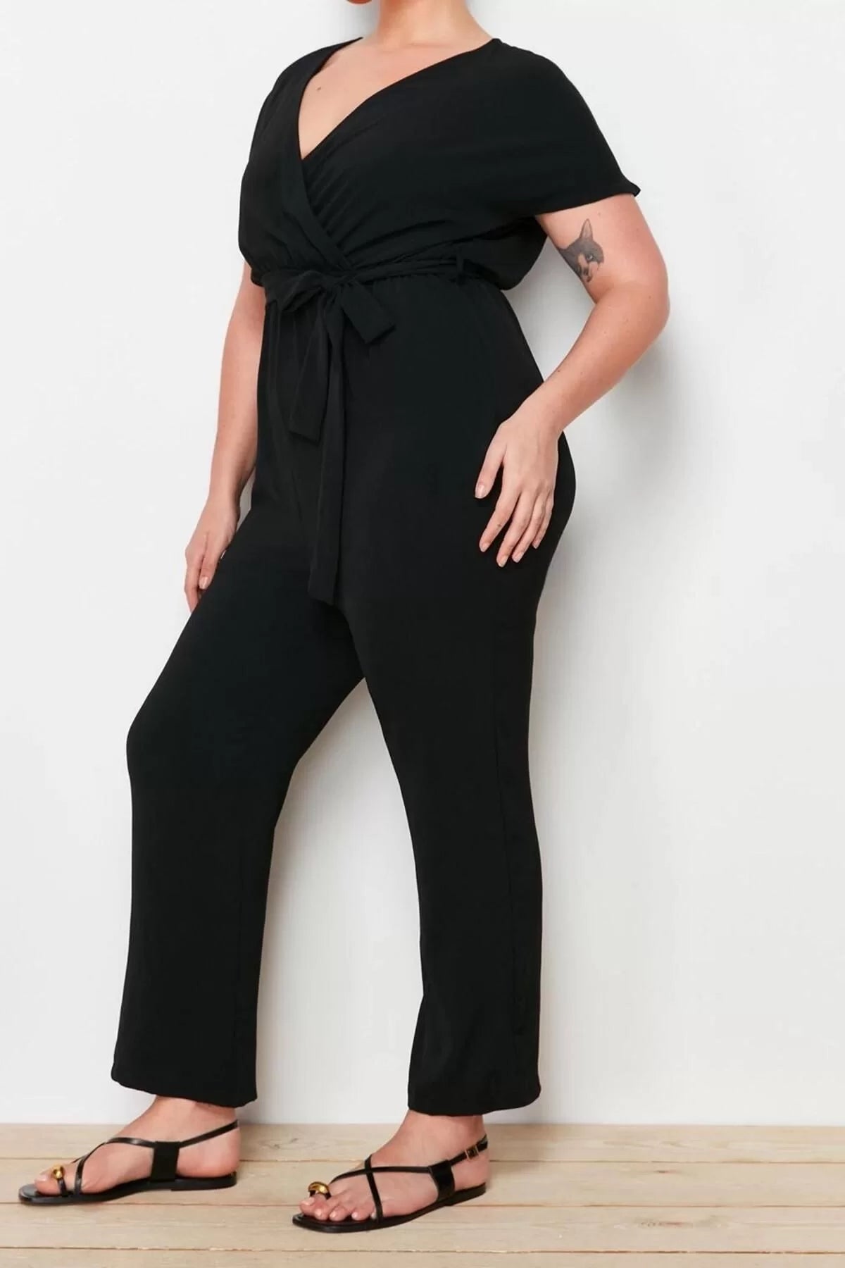 Plus Size Women Fashion Low Sleeve Regular Double Breasted Plain Pattern Long Belted Jumpsuit