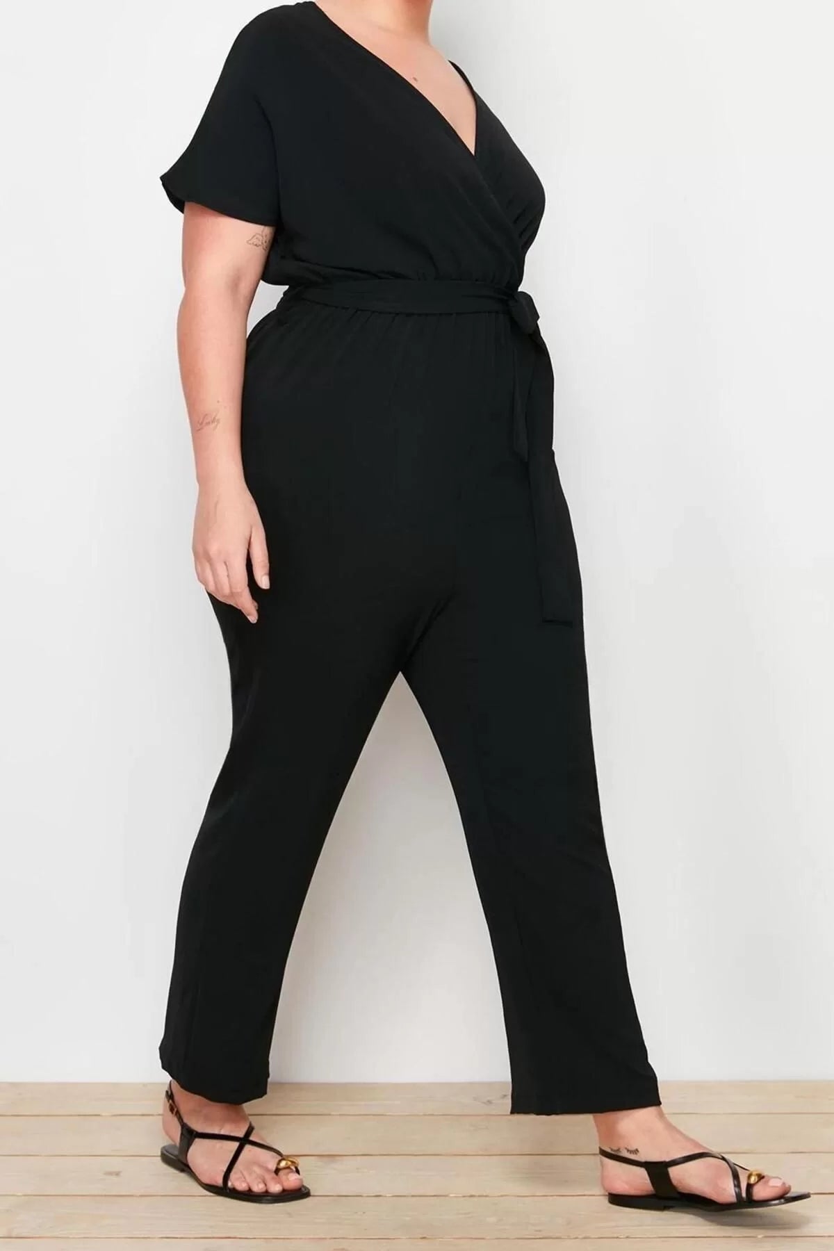 Plus Size Women Fashion Low Sleeve Regular Double Breasted Plain Pattern Long Belted Jumpsuit