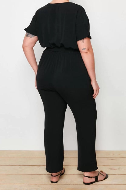 Plus Size Women Fashion Low Sleeve Regular Double Breasted Plain Pattern Long Belted Jumpsuit