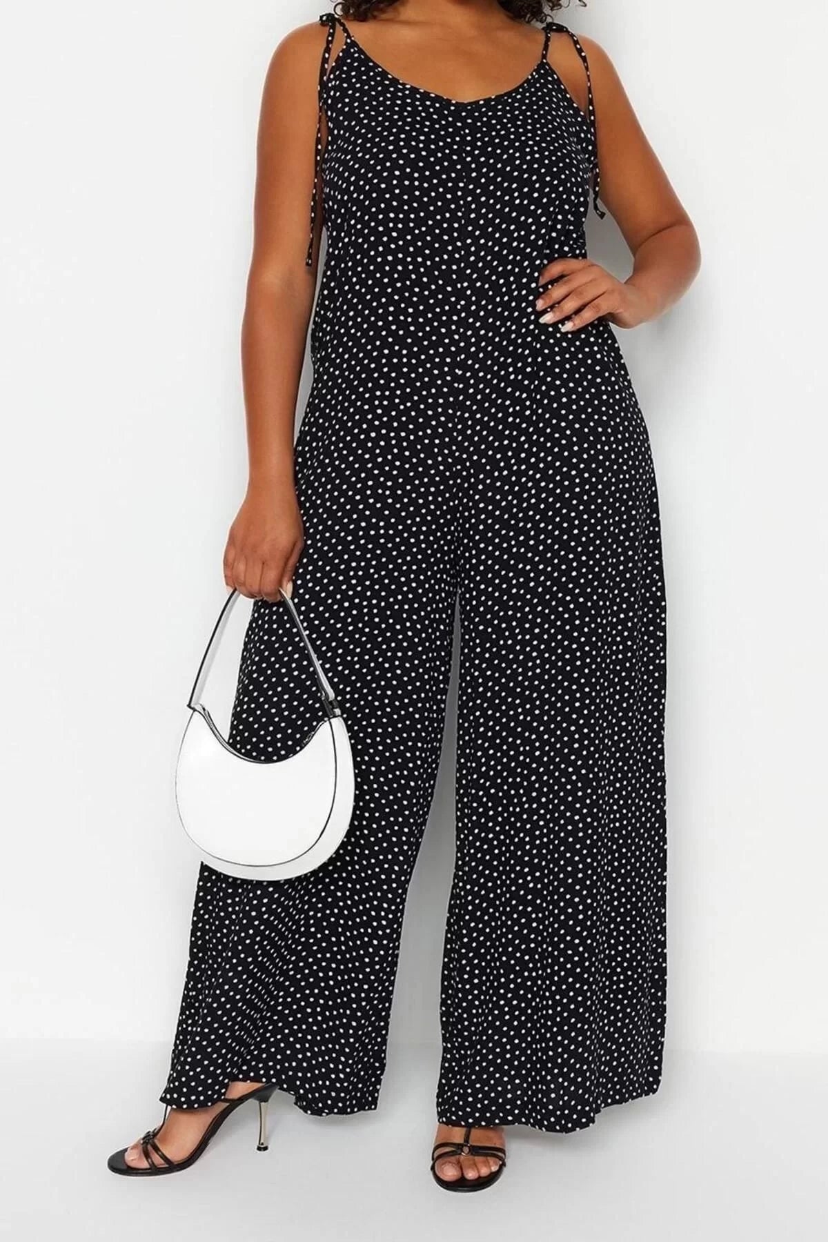 Plus Size Women Fashion Standard Sleeve Regular V Neck Polka Dot Pattern Long Floral Patterned Woven Jumpsuit