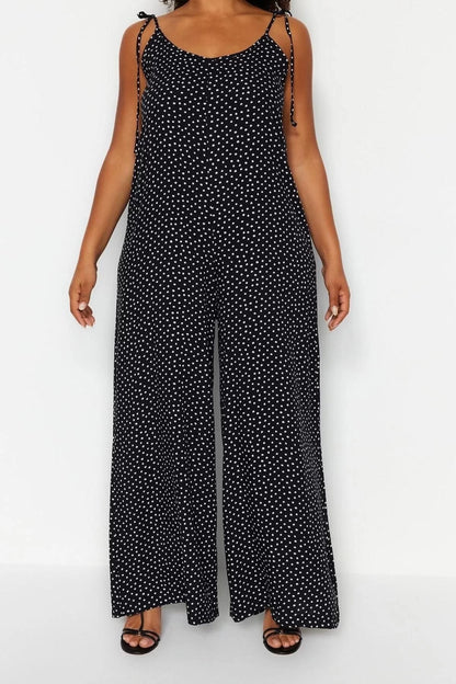 Plus Size Women Fashion Standard Sleeve Regular V Neck Polka Dot Pattern Long Floral Patterned Woven Jumpsuit