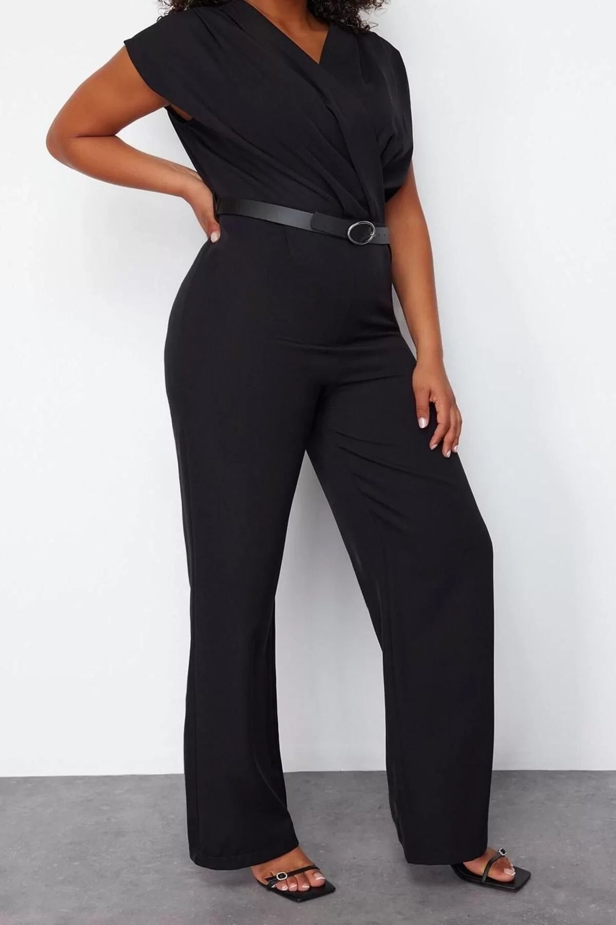 Plus Size Women Fashion Standard Sleeve Regular Crew Neck Plain Pattern Long Belted Woven Jumpsuit