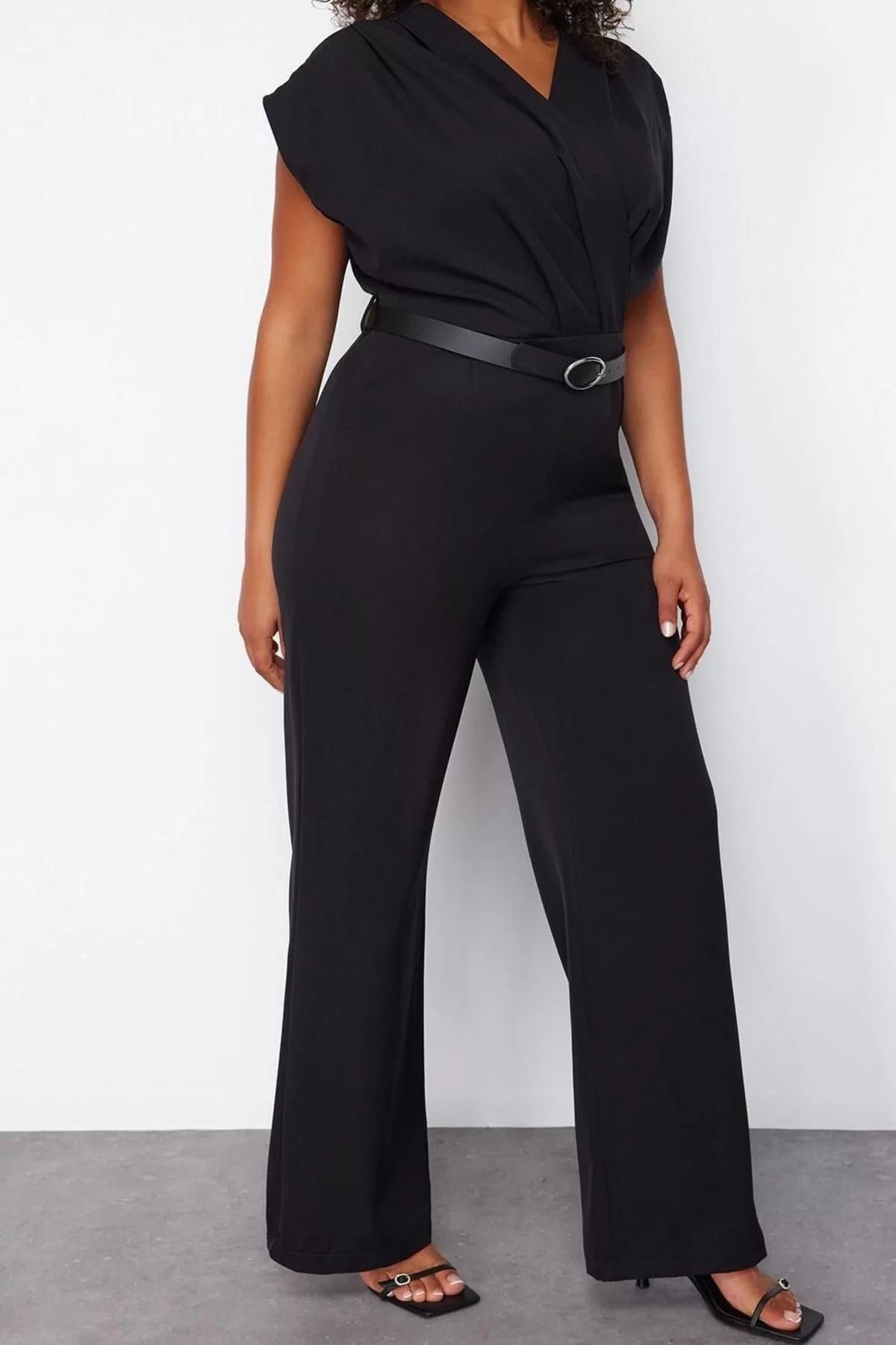 Plus Size Women Fashion Standard Sleeve Regular Crew Neck Plain Pattern Long Belted Woven Jumpsuit