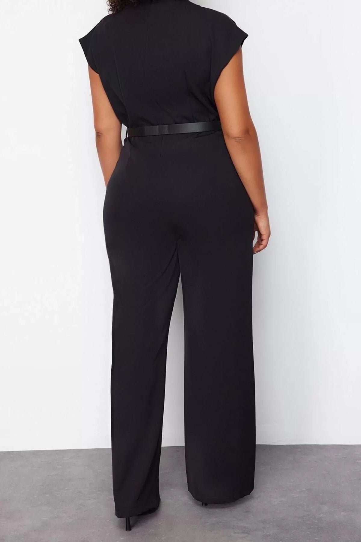 Plus Size Women Fashion Standard Sleeve Regular Crew Neck Plain Pattern Long Belted Woven Jumpsuit