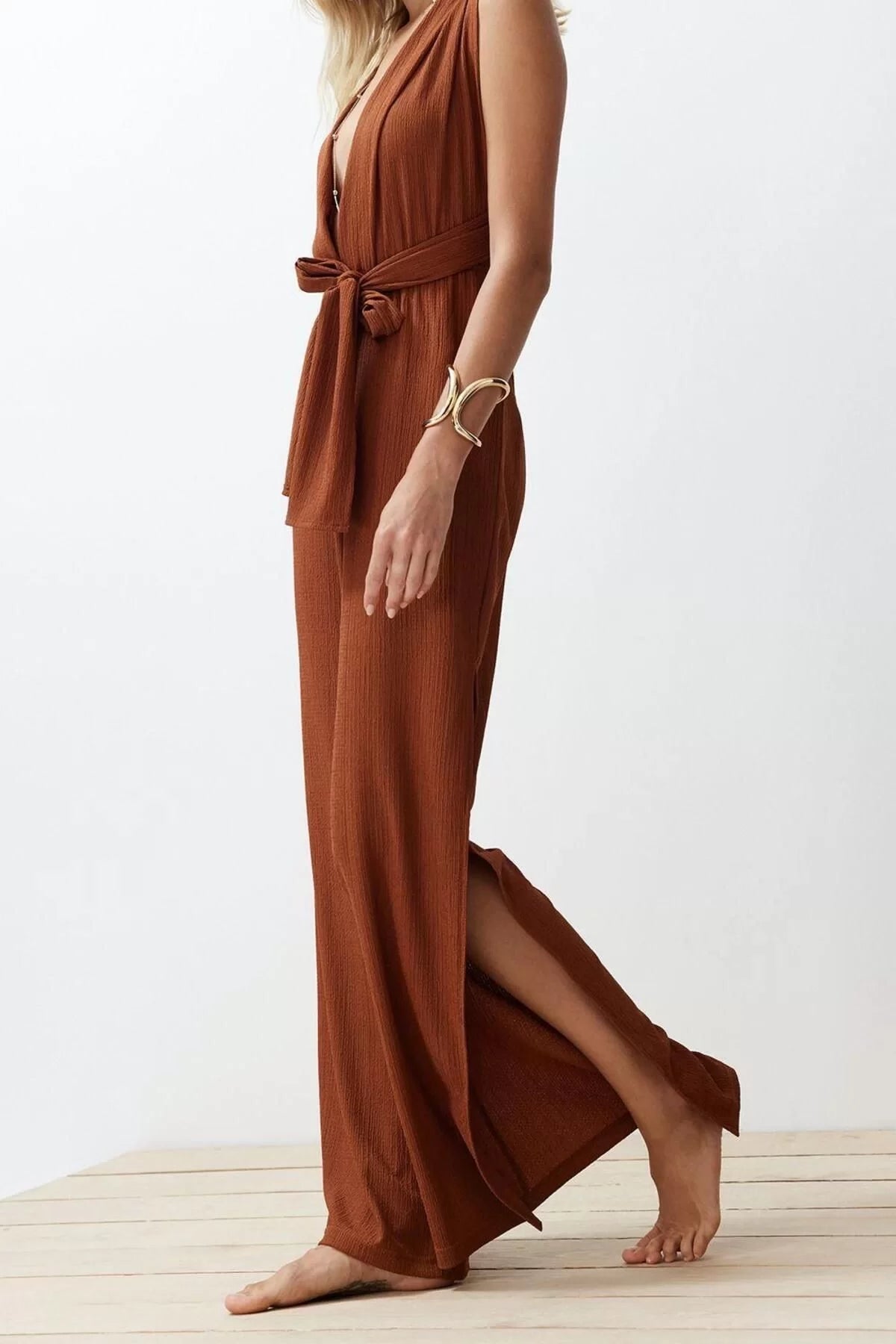 Women Fashion Standard Sleeve Wide Leg V Neck Plain Pattern Long Brown Woven Tie Jumpsuit