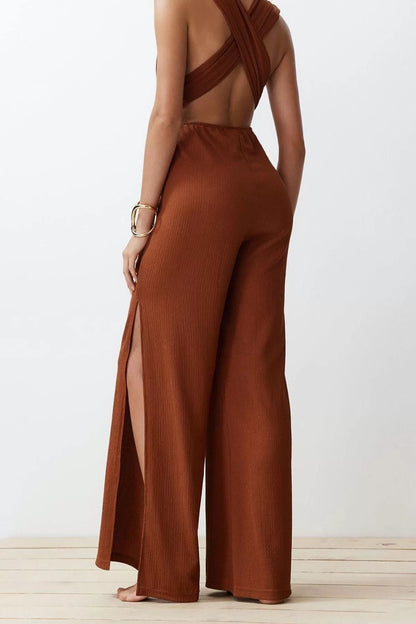 Women Fashion Standard Sleeve Wide Leg V Neck Plain Pattern Long Brown Woven Tie Jumpsuit