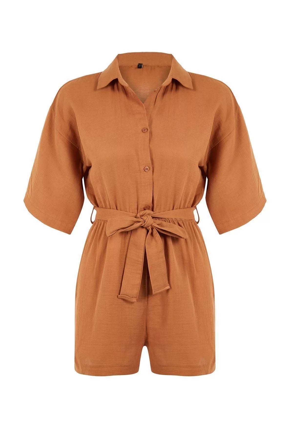 Women Fashion Low Sleeve Wide Leg Shirt Collar Plain Pattern Short Tile Belted Woven Muslin Jumpsuit