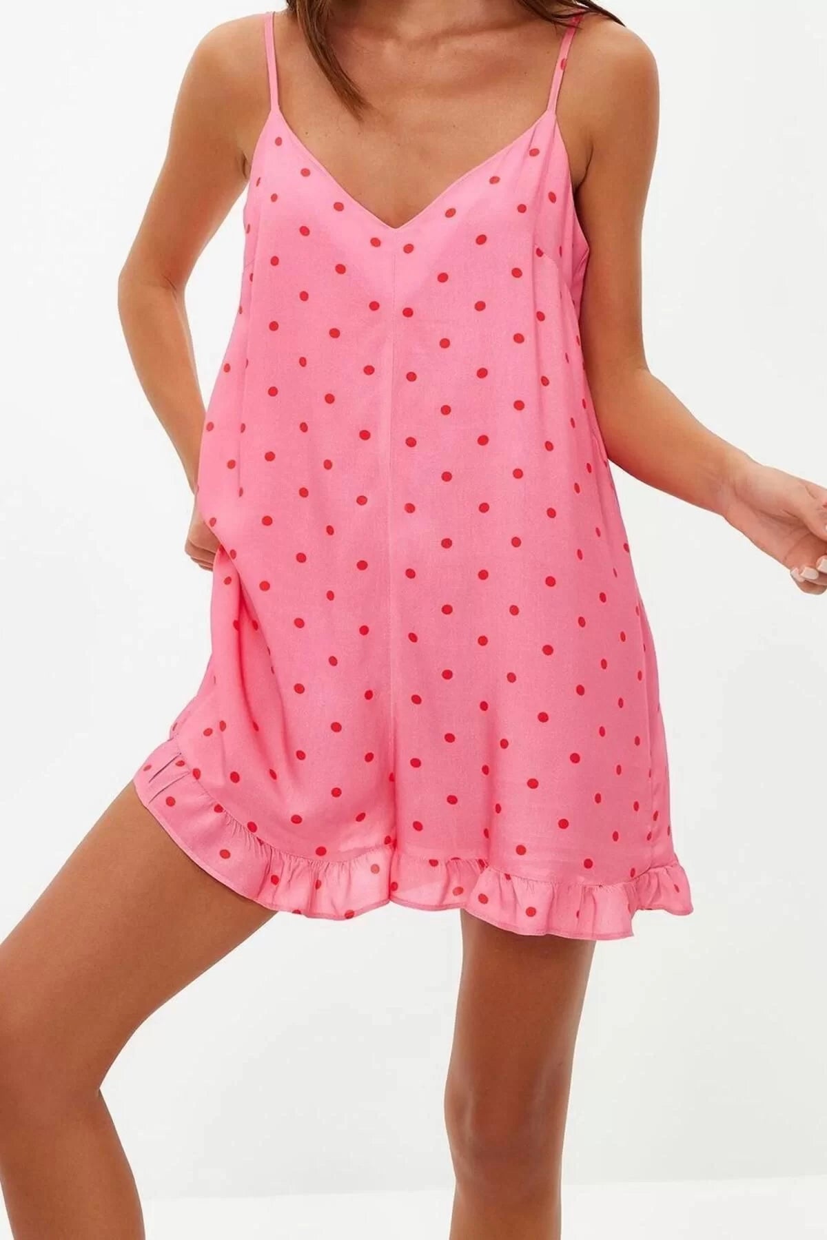 Women's Fashion V Neck Polka Dot Pattern Short Polka Dot Rope Strap Viscose Woven Jumpsuit