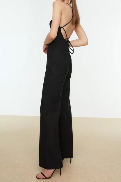 Women Fashion Standard Sleeve Wide Leg Square Collar Plain Pattern Regular Woven Jumpsuit