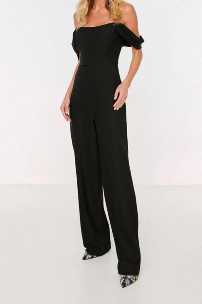 Women's Fashion Low Sleeve Wide Leg Carmen Collar Plain Pattern Regular Lined Underwire Woven Jumpsuit