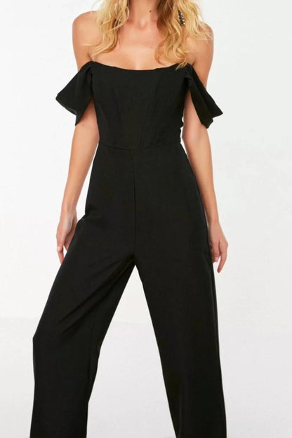 Women's Fashion Low Sleeve Wide Leg Carmen Collar Plain Pattern Regular Lined Underwire Woven Jumpsuit