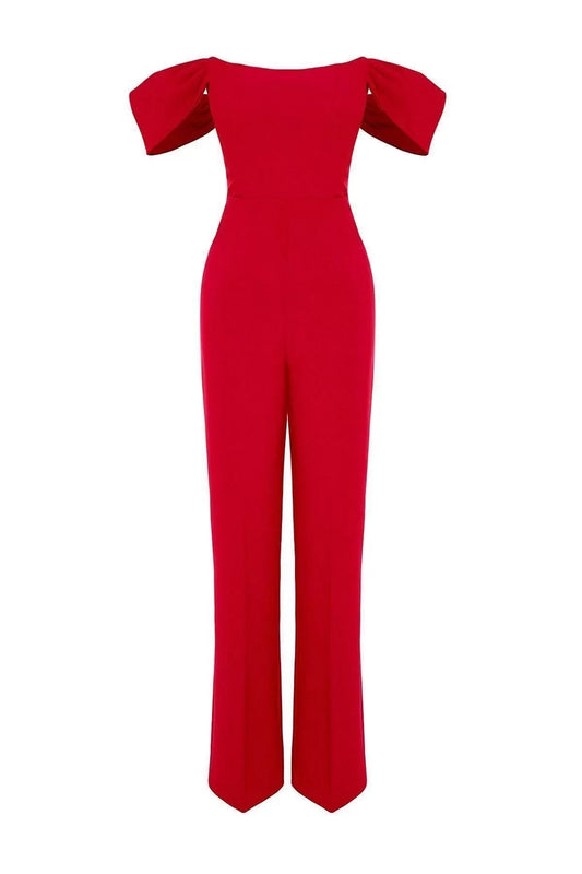 Women's Fashion Low Sleeve Wide Leg Carmen Collar Plain Pattern Regular Lined Underwire Woven Jumpsuit