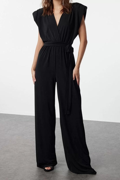 Women Fashion Standard Sleeve Wide Leg Double Breasted Plain Pattern Regular V Neck Belted Knitted Jumpsuit