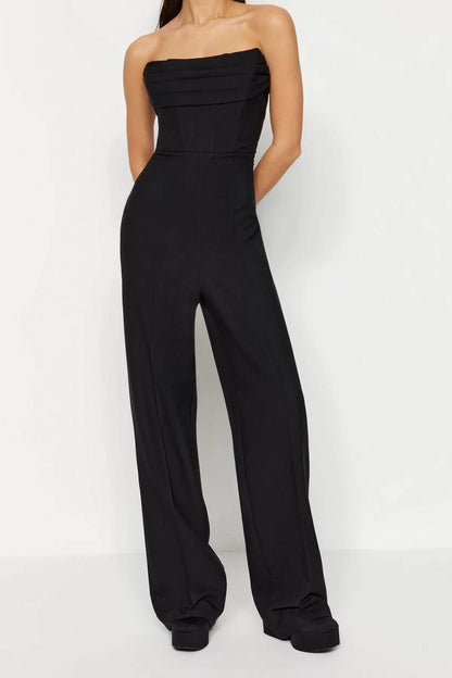 Women's Fashion Standard Sleeve Wide Leg Strapless Plain Pattern Regular Corset Detailed Woven Jumpsuit