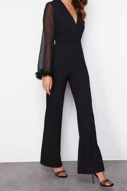 Women's Fashion Standard Sleeve Pipe Leg Double Breasted Plain Pattern Regular Woven Jumpsuit