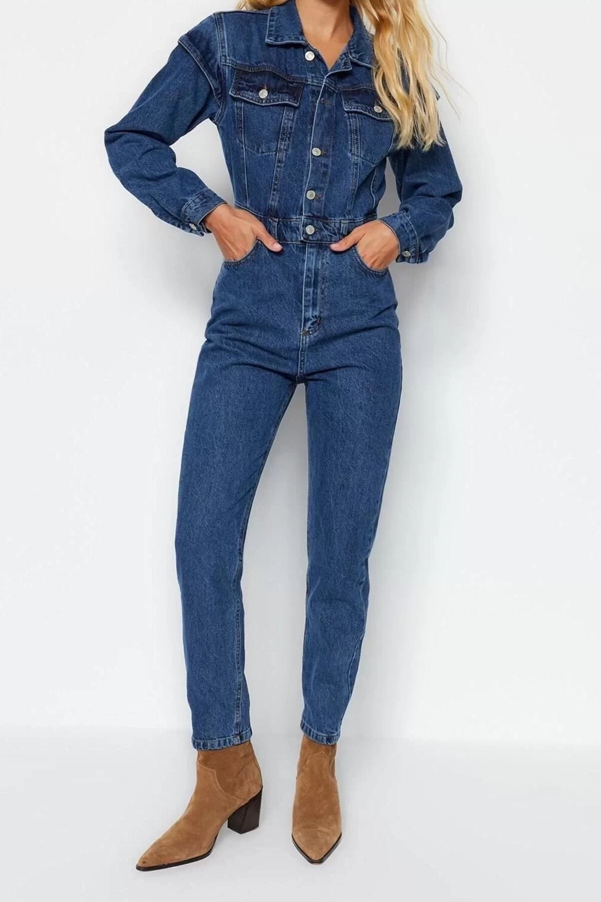 Women's Fashion Standard Sleeve Skinny Leg Jacket Collar Regular Stitch Detail Denim Overalls