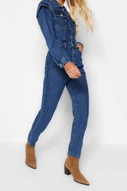 Women's Fashion Standard Sleeve Skinny Leg Jacket Collar Regular Stitch Detail Denim Overalls