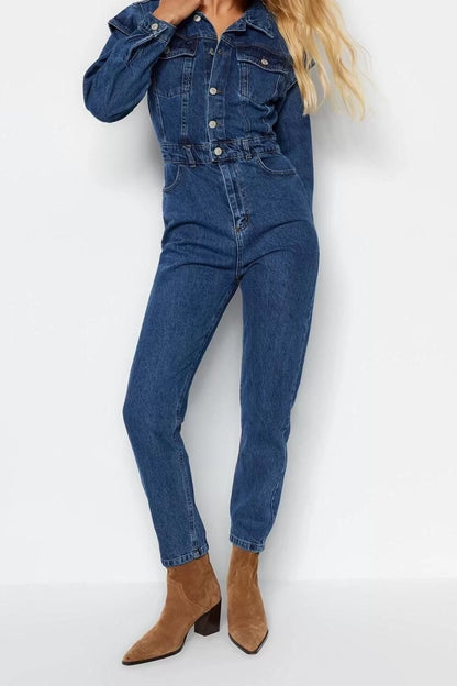 Women's Fashion Standard Sleeve Skinny Leg Jacket Collar Regular Stitch Detail Denim Overalls