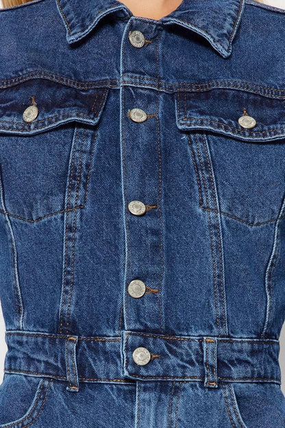 Women's Fashion Standard Sleeve Skinny Leg Jacket Collar Regular Stitch Detail Denim Overalls