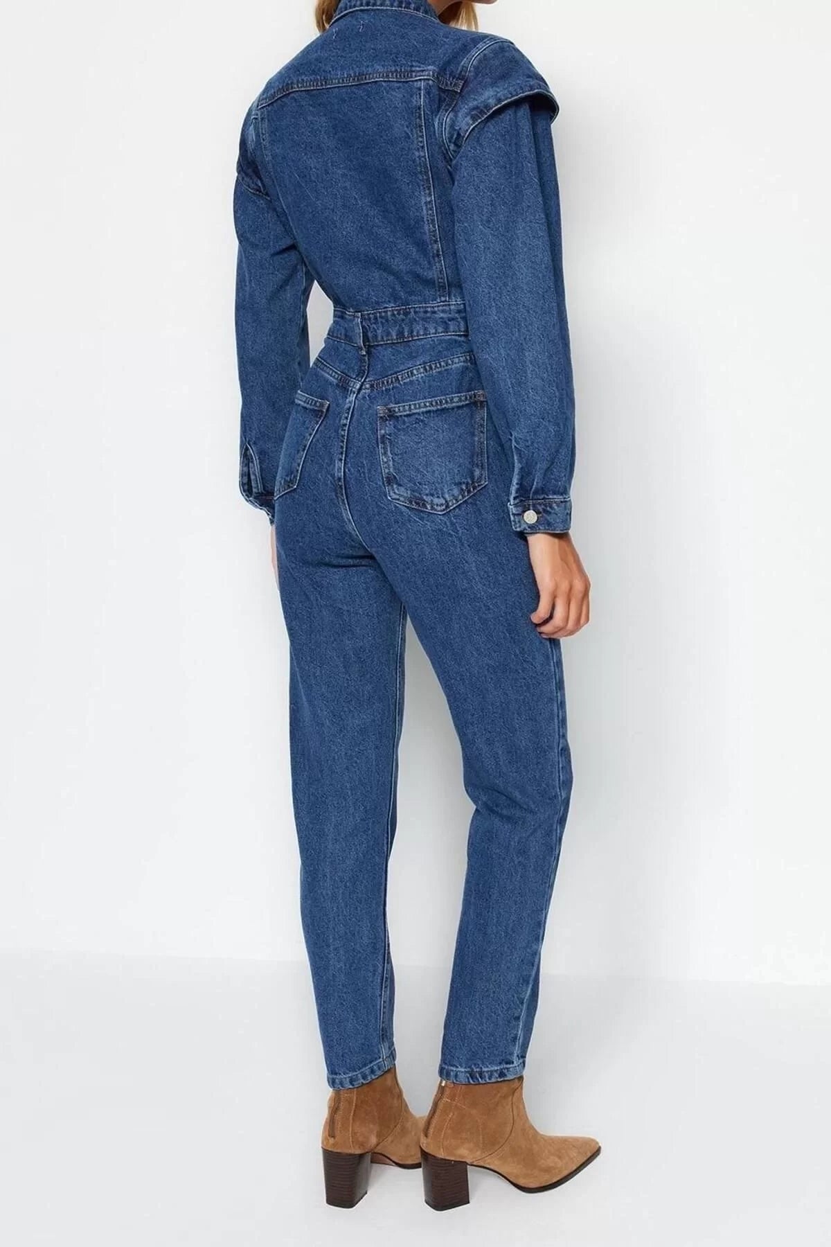 Women's Fashion Standard Sleeve Skinny Leg Jacket Collar Regular Stitch Detail Denim Overalls