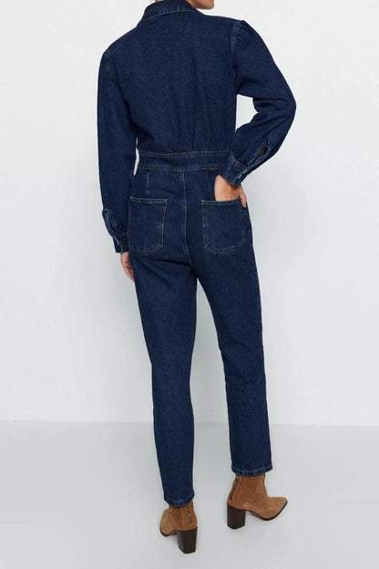 Women Fashion Regular Sleeve Skinny Leg Jacket Collar Plain Pattern Long Balloon Sleeve Denim Jumpsuit