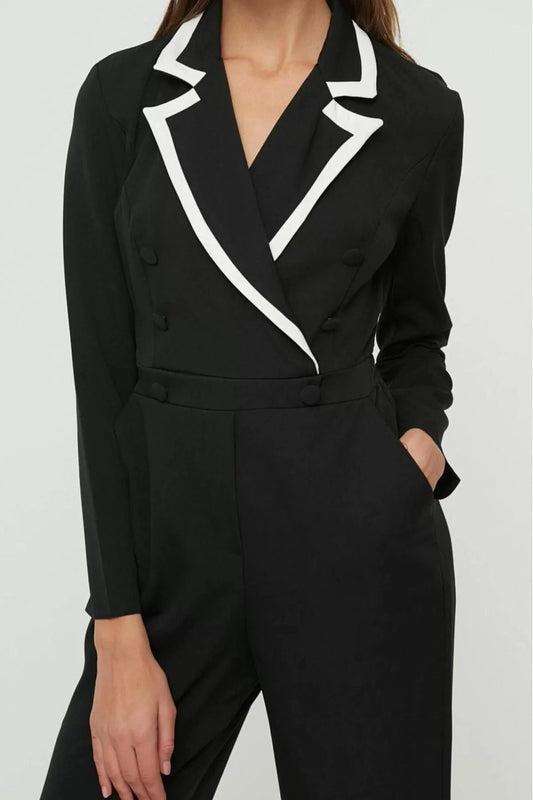 Women Fashion Standard Sleeve Pipe Leg Jacket Collar Plain Pattern Long Buttoned Woven Jumpsuit