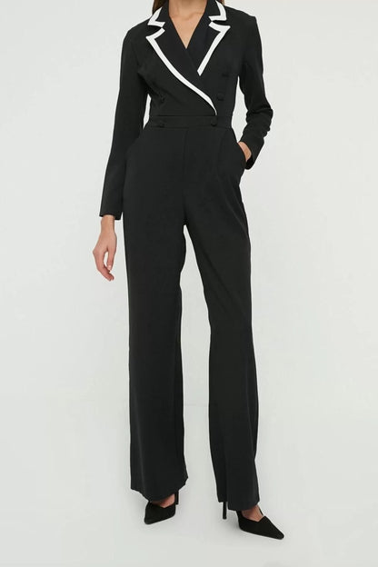 Women Fashion Standard Sleeve Pipe Leg Jacket Collar Plain Pattern Long Buttoned Woven Jumpsuit