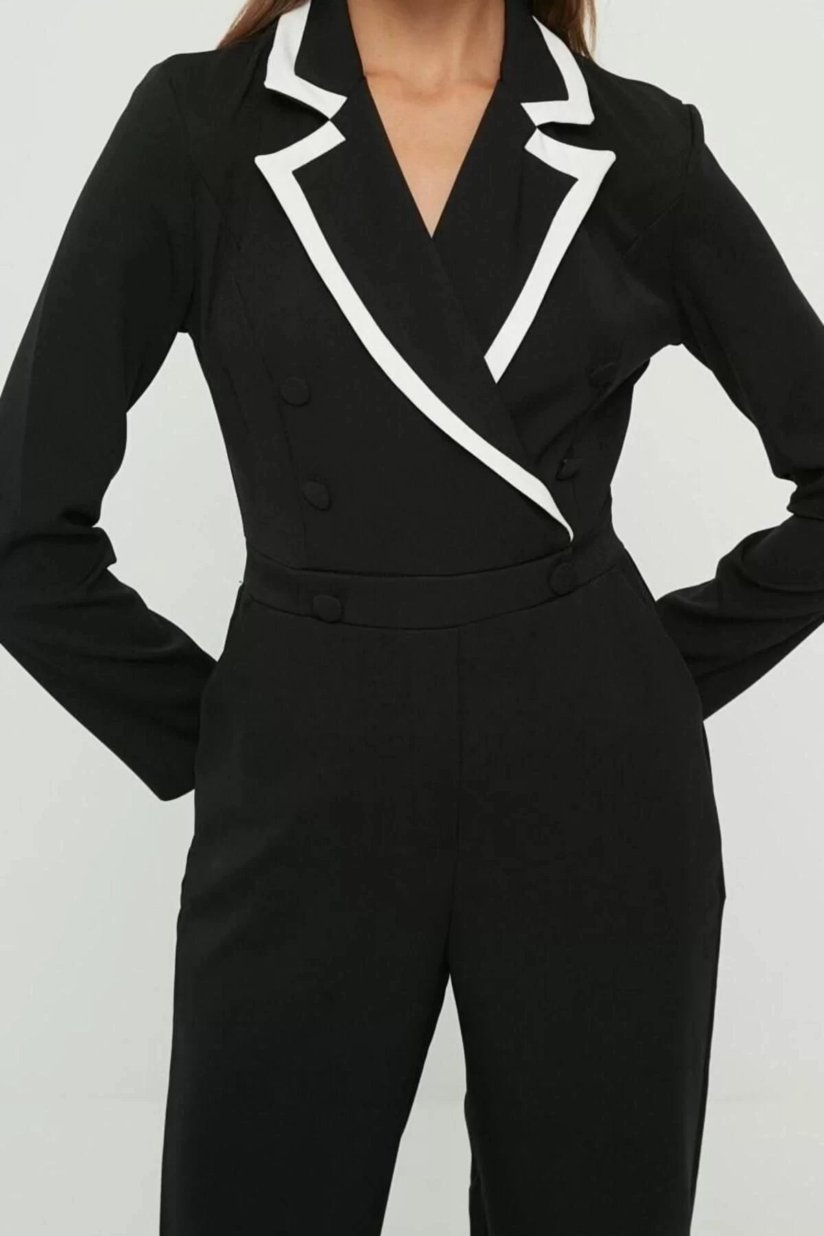 Women Fashion Standard Sleeve Pipe Leg Jacket Collar Plain Pattern Long Buttoned Woven Jumpsuit