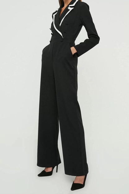 Women Fashion Standard Sleeve Pipe Leg Jacket Collar Plain Pattern Long Buttoned Woven Jumpsuit