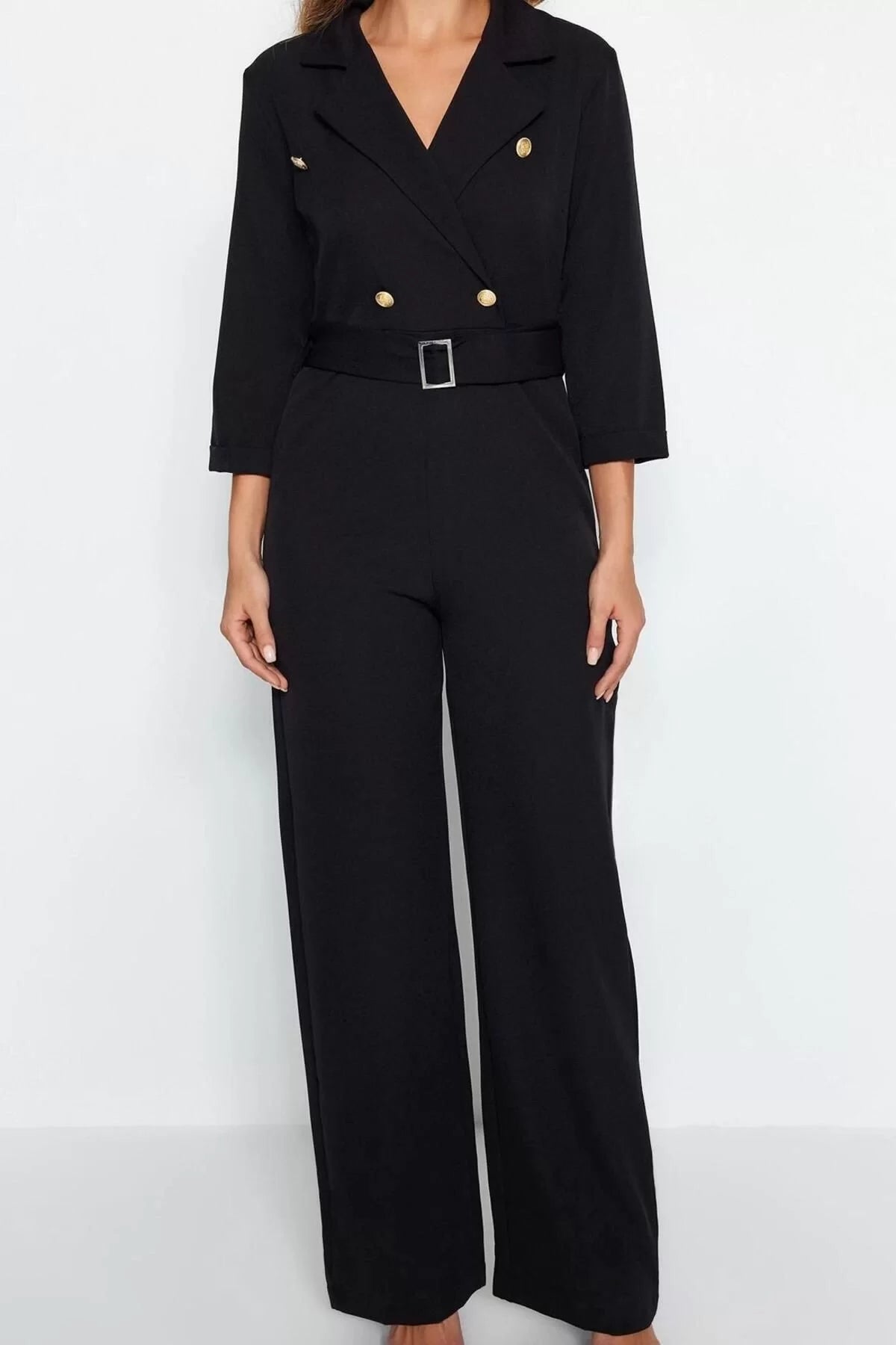 Women Fashion Standard Sleeve Slim Leg Jacket Collar Plain Pattern Long Belted Double Breasted Collar Woven Jumpsuit