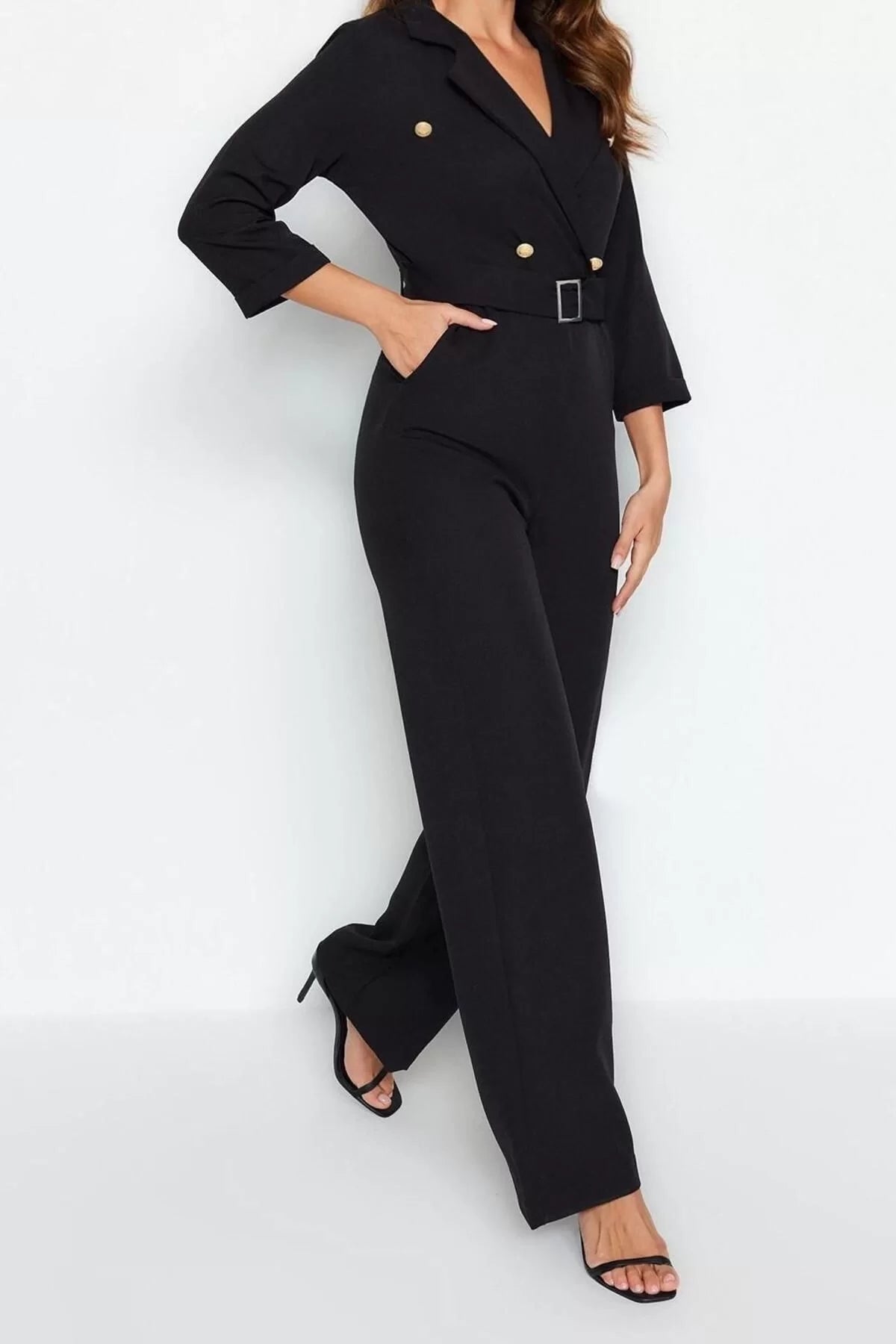 Women Fashion Standard Sleeve Slim Leg Jacket Collar Plain Pattern Long Belted Double Breasted Collar Woven Jumpsuit