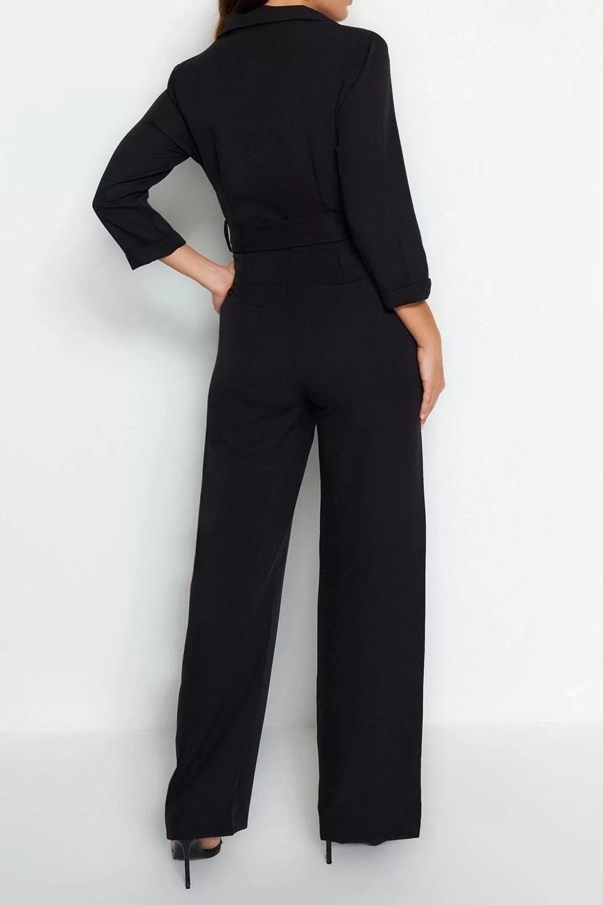 Women Fashion Standard Sleeve Slim Leg Jacket Collar Plain Pattern Long Belted Double Breasted Collar Woven Jumpsuit