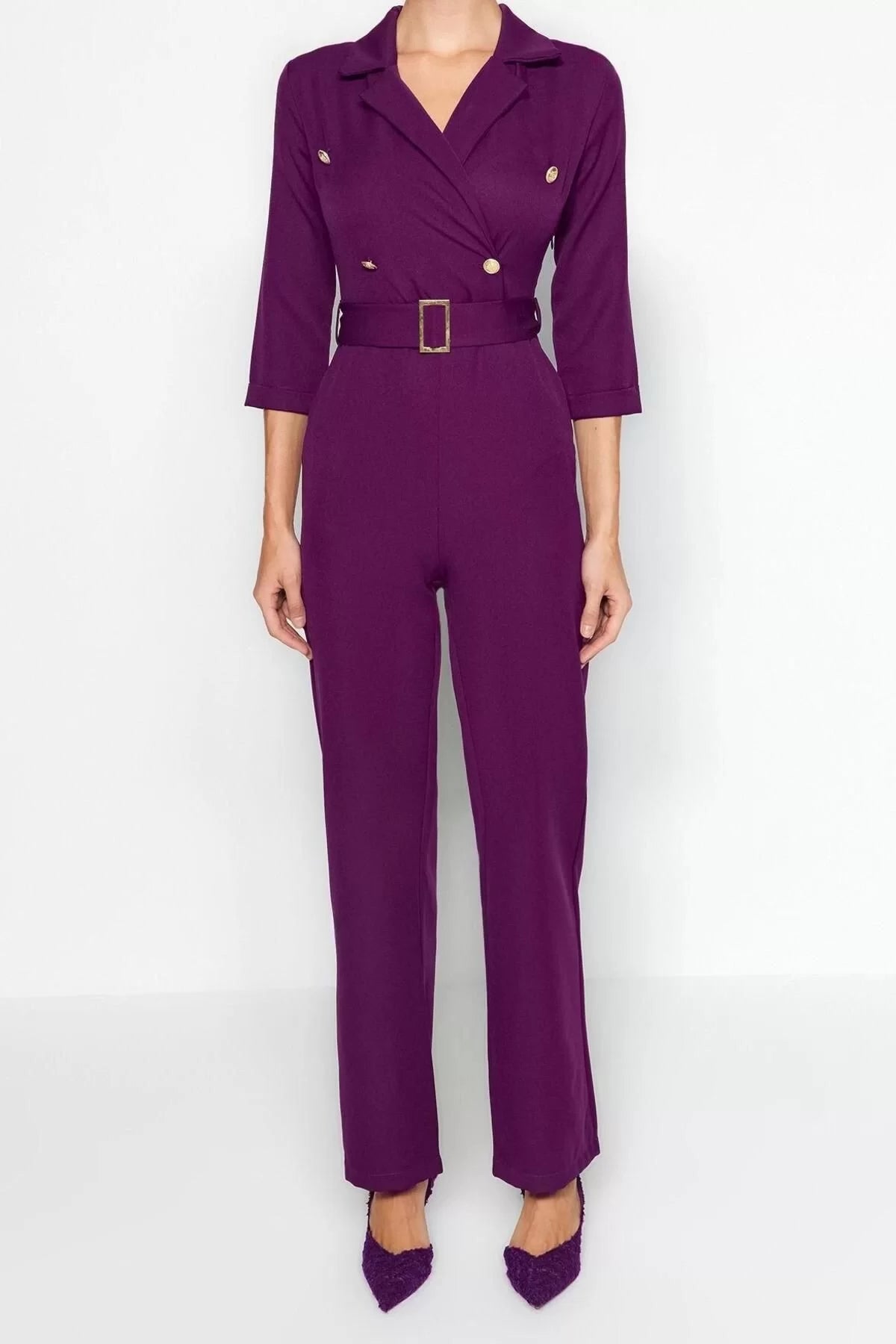 Women Fashion Standard Sleeve Slim Leg Jacket Collar Plain Pattern Long Belted Double Breasted Collar Woven Jumpsuit