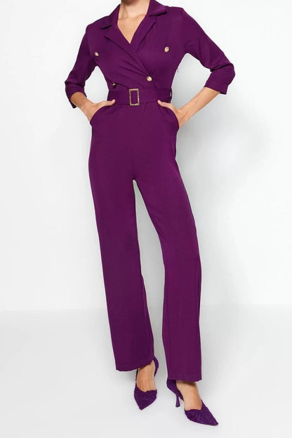 Women Fashion Standard Sleeve Slim Leg Jacket Collar Plain Pattern Long Belted Double Breasted Collar Woven Jumpsuit