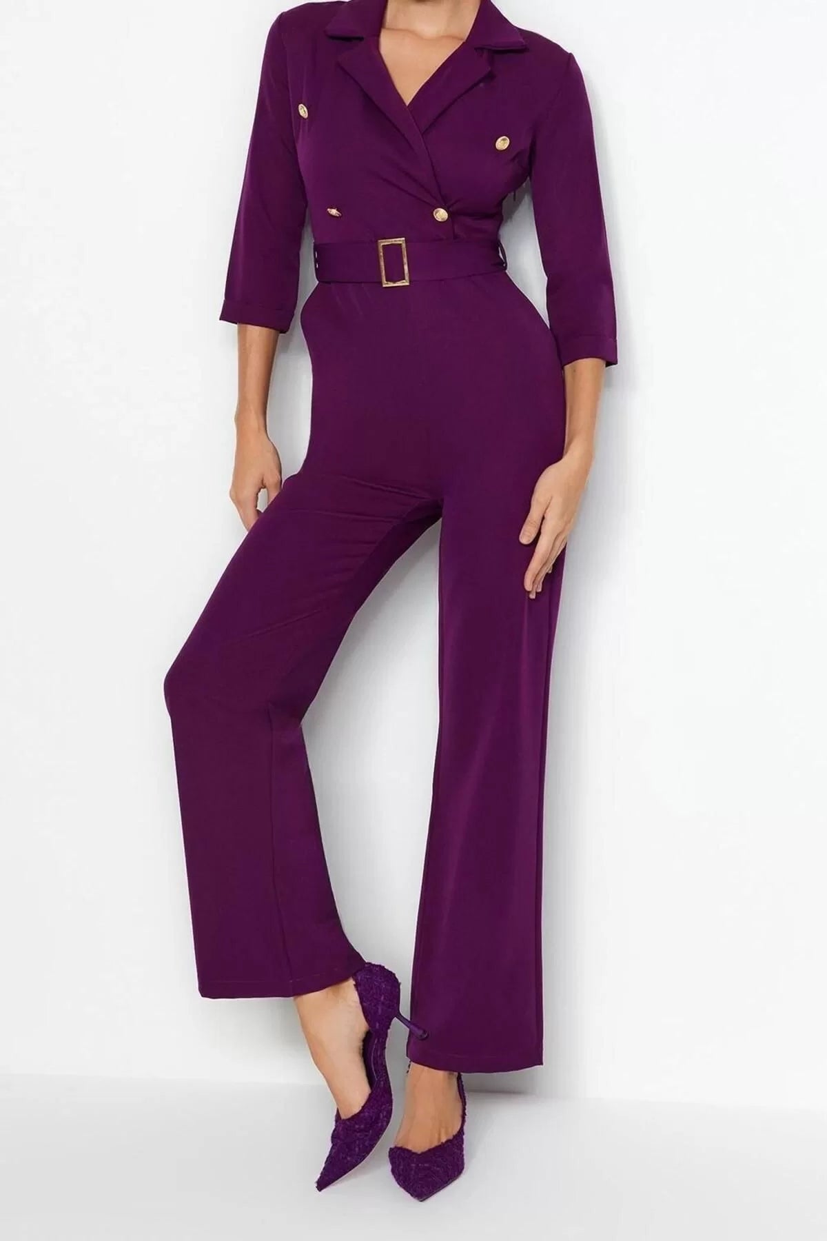 Women Fashion Standard Sleeve Slim Leg Jacket Collar Plain Pattern Long Belted Double Breasted Collar Woven Jumpsuit