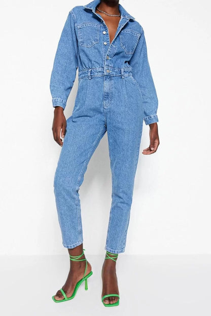 Women Fashion Standard Sleeve Straight Leg Shirt Collar Plain Pattern Long Waist Detailed Denim Overalls