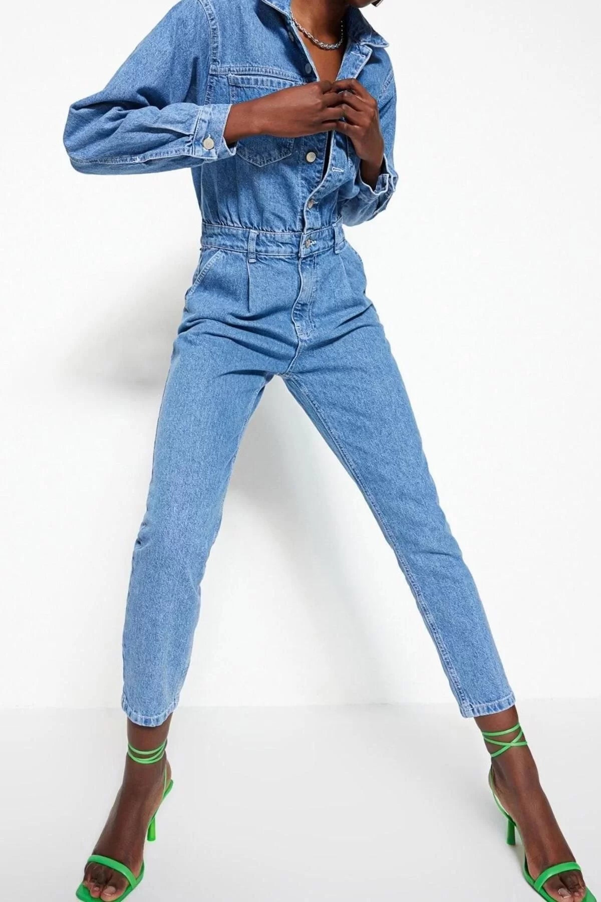 Women Fashion Standard Sleeve Straight Leg Shirt Collar Plain Pattern Long Waist Detailed Denim Overalls