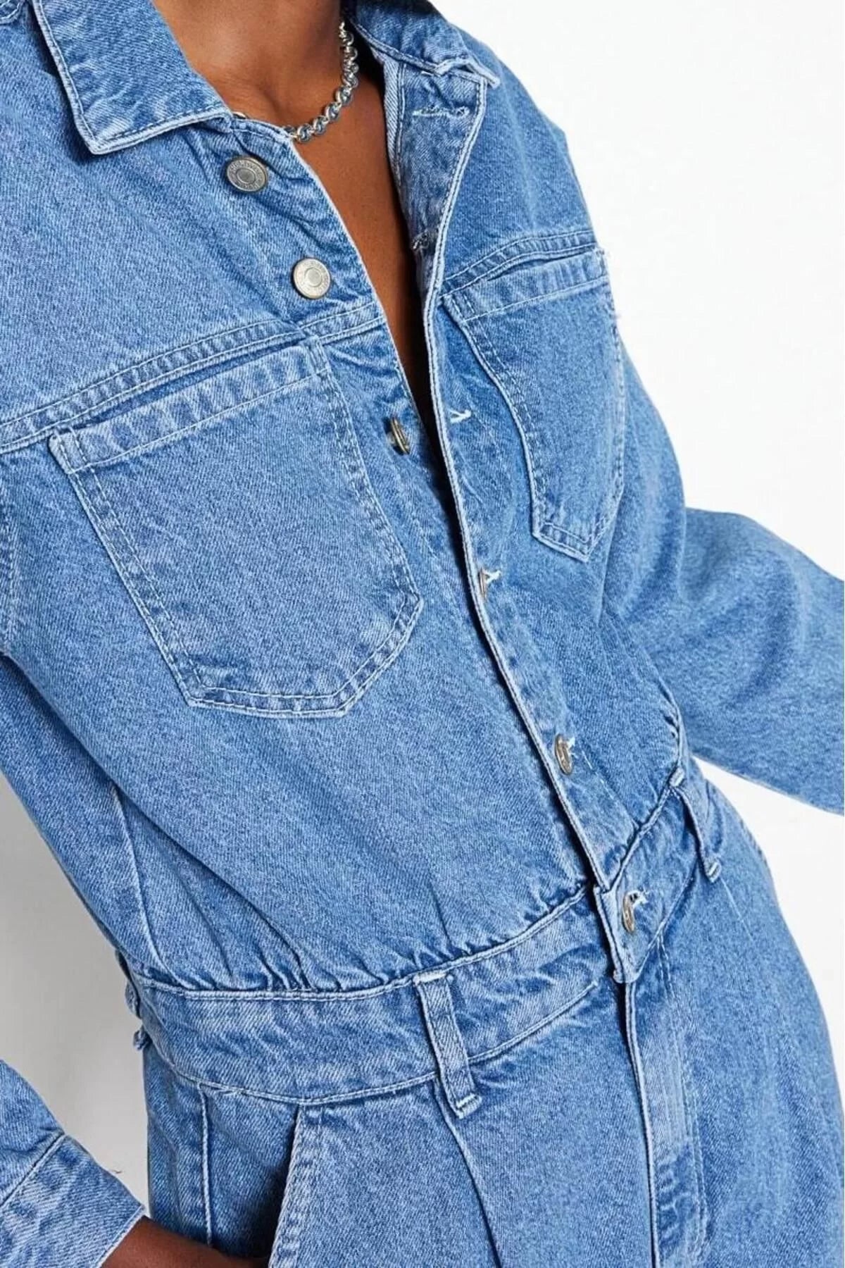 Women Fashion Standard Sleeve Straight Leg Shirt Collar Plain Pattern Long Waist Detailed Denim Overalls