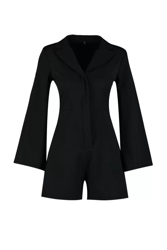 Women's Fashion Pipe Leg Jacket Collar Short Belted Jacket Collar Zipper Detailed Mini Woven Jumpsuit