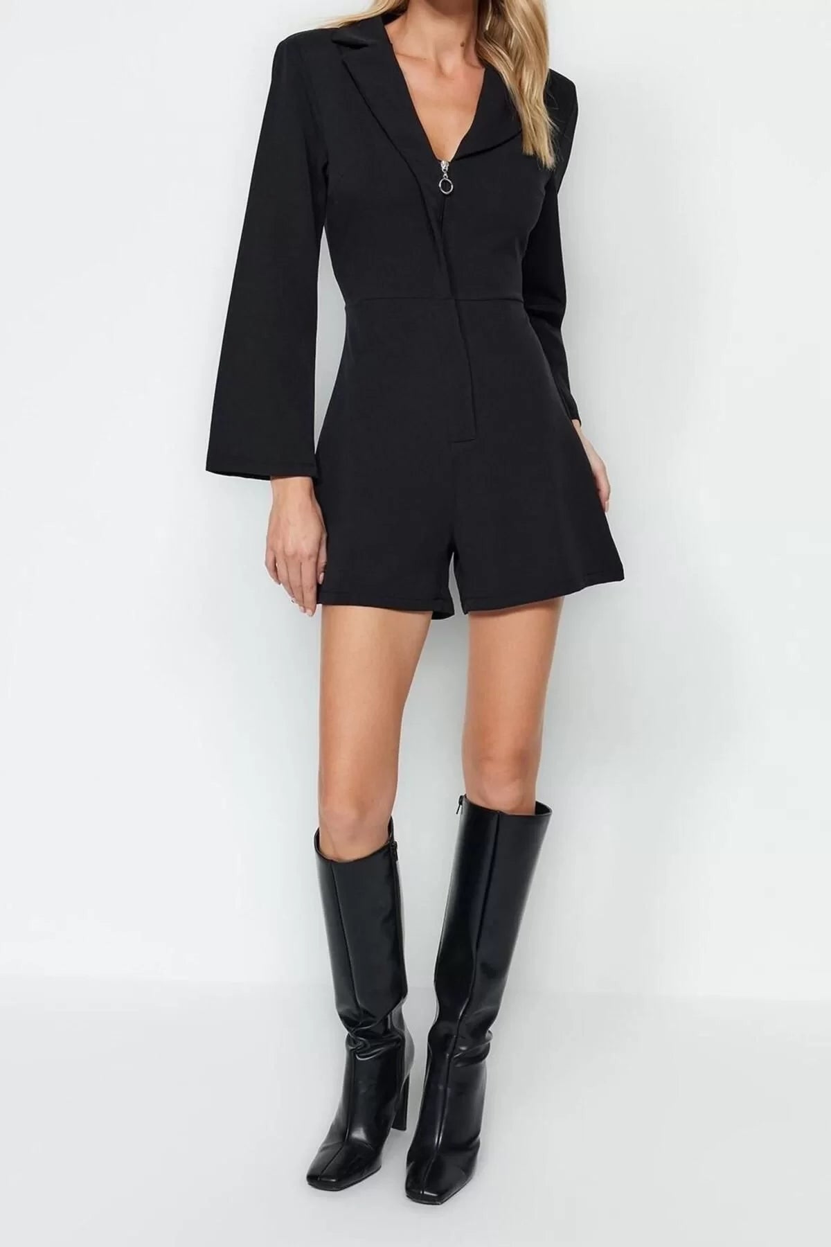 Women's Fashion Pipe Leg Jacket Collar Short Belted Jacket Collar Zipper Detailed Mini Woven Jumpsuit