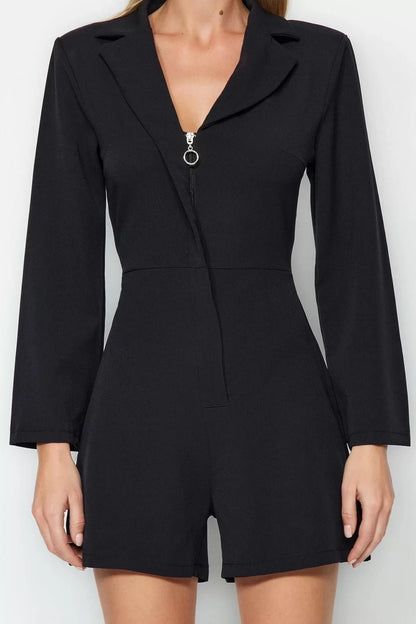 Women's Fashion Pipe Leg Jacket Collar Short Belted Jacket Collar Zipper Detailed Mini Woven Jumpsuit