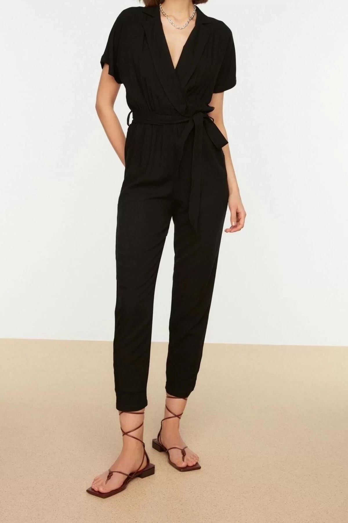 Women Fashion Standard Sleeve Tube Leg Double Breasted Plain Pattern Long Belted Woven Long Flowy Jumpsuit