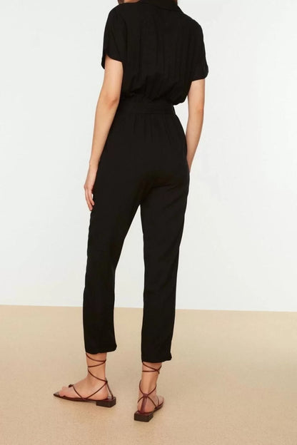 Women Fashion Standard Sleeve Tube Leg Double Breasted Plain Pattern Long Belted Woven Long Flowy Jumpsuit