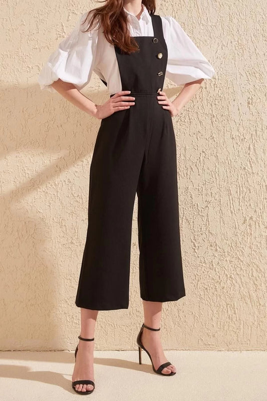 Women's Fashion Standard Sleeve Skinny Leg Square Collar Plain Pattern Long Button Detail Square Collar Woven Jumpsuit